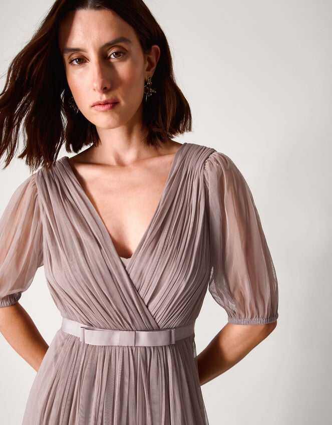 Ellie Sheer Sleeve Plunge Tulle Maxi Dress, Mink (MINK), large
