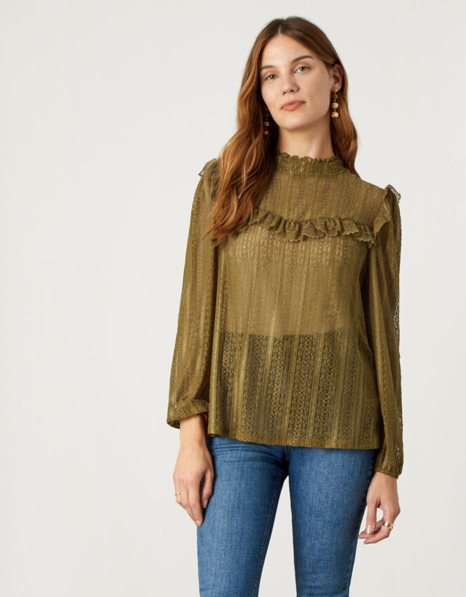 Lulu Lace Frill Long Sleeve Top, Yellow (OCHRE), large