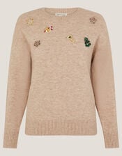 Edie Embroidered Christmas Jumper, Camel (CAMEL), large