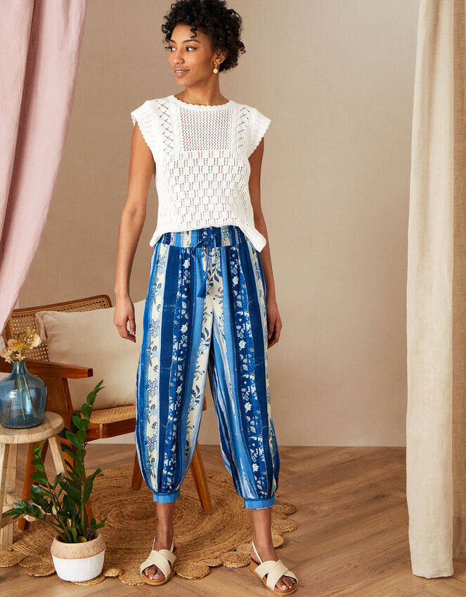 Multi Stripe Print Harem Trousers in LENZING™ ECOVERO™ , Blue (BLUE), large