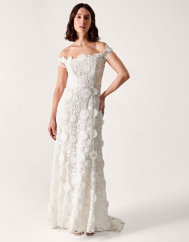 Clare Floral Embroidered Bardot Wedding Dress, Ivory (IVORY), large