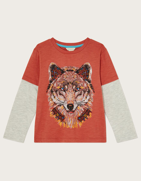 Wolf Mock Sleeve Rust T-Shirt, Orange (ORANGE), large