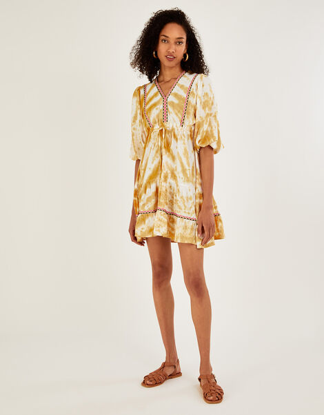 Tie Dye Printed Kaftan Dress Yellow, Yellow (OCHRE), large