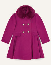 Faux Fur Collar Skirted Coat, Pink (PINK), large
