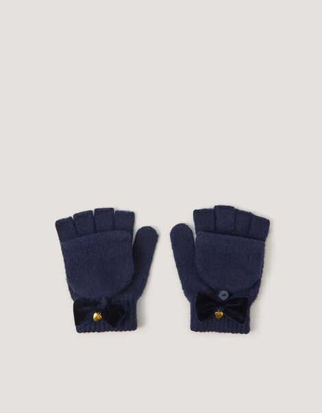 Velvet Bow Fingerless Gloves, Blue (NAVY), large