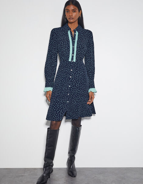Novie Polka Dot Mini Shirt Dress, Blue (NAVY), large