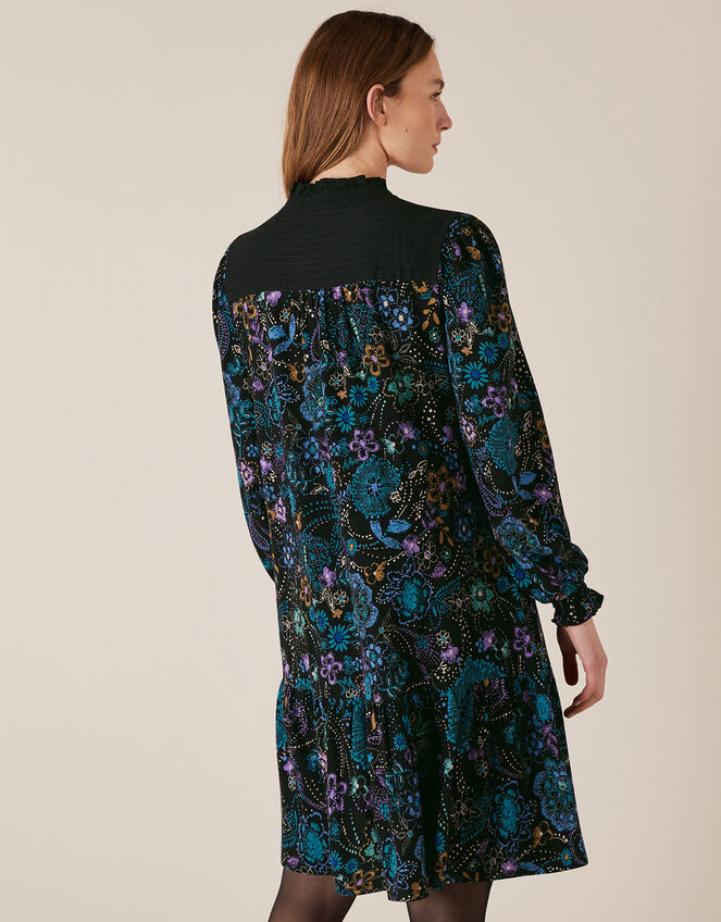Floral Print Short Dress, Black (BLACK), large