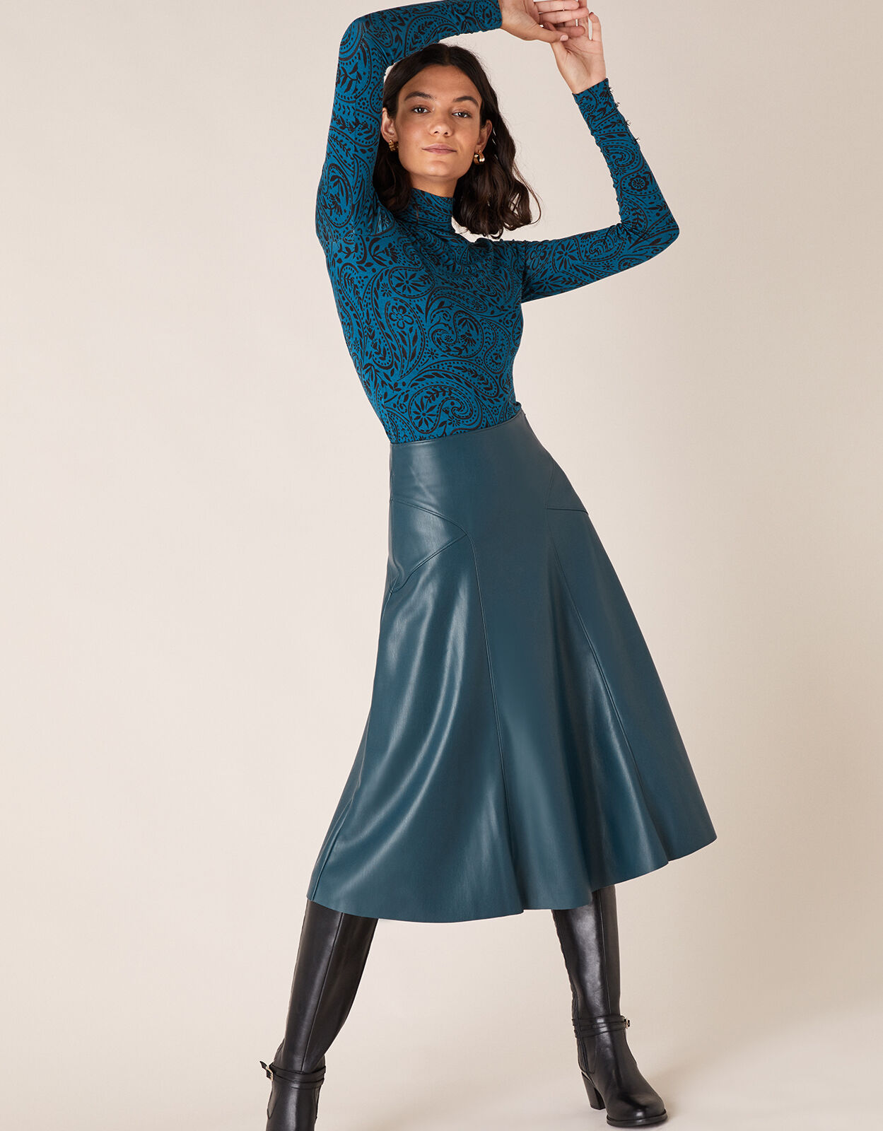 Monsoon green leather skirt Clearance