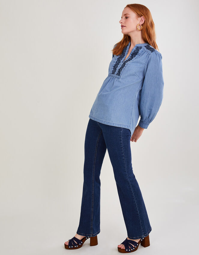 Denim Embroidered Long Sleeve Top, Blue (DENIM BLUE), large