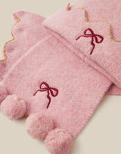 Embroidered Bow Bobble Hat & Scarf Set, Pink (PINK), large