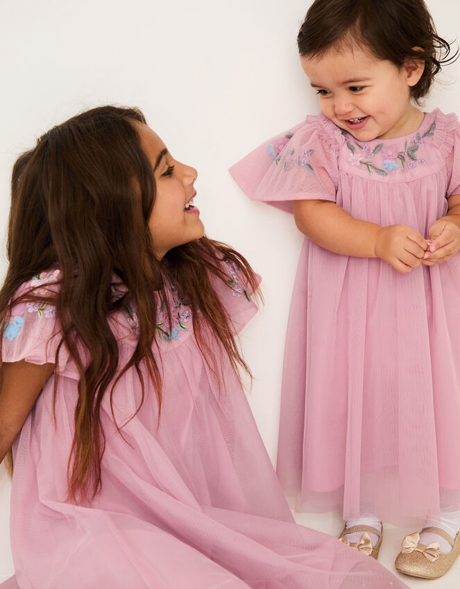 Baby Evita Floral Embroidered Swing Dress, DARK PINK, large
