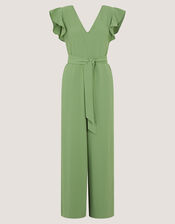 Riri V-Neck Frill Jumpsuit, Green (OLIVE), large