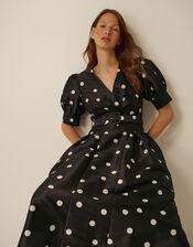 Amara Polka Dot Belted Midi Dress, Black (BLACK), large