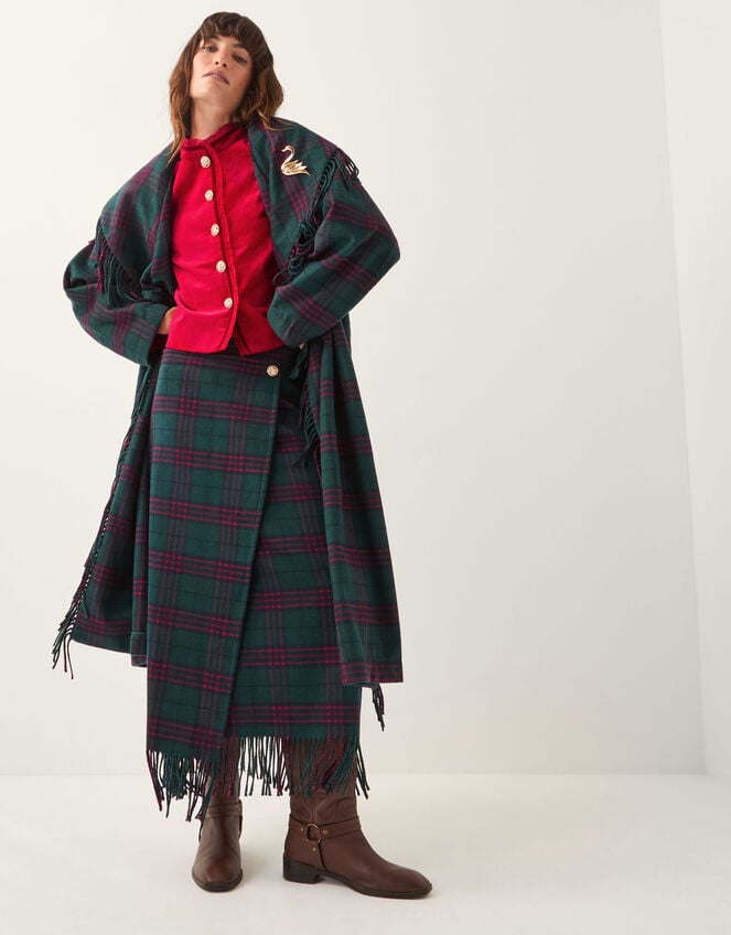 Monsoon x Sarah Corbett-Winder Tartan Fringe Midi Skirt, Teal (TEAL), large