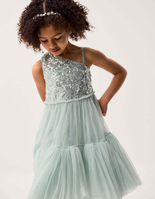 Asymmetrical Sequin Tulle Party Dress, Green (SAGE), large