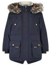 Boys Navy Parka Coat, Blue (NAVY), large