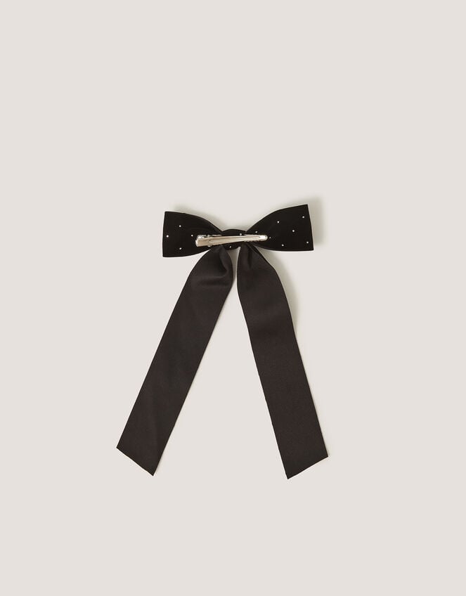 Velvet Rhinestone Bow Hair Clip, Black (BLACK), large