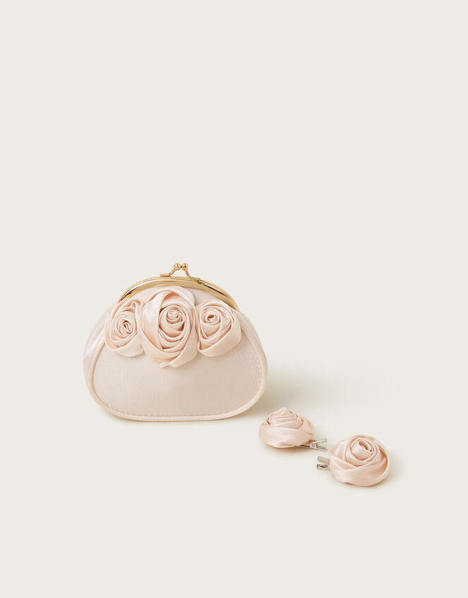 Satin Rosette Bag and Hair Clips Set, , large