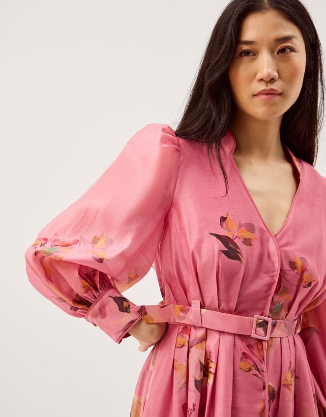 Aimee V-Neck Floral Print Midi Shirt Dress, Pink (PINK), large