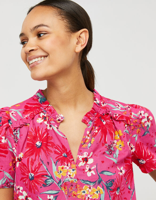 Dhana Floral Top in Linen and Organic Cotton, Pink (PINK), large