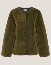 Lara Faux Fur Teddy Jacket, Green (KHAKI), large