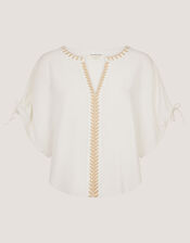 Adela Embroidered Linen Blend Top, Ivory (IVORY), large