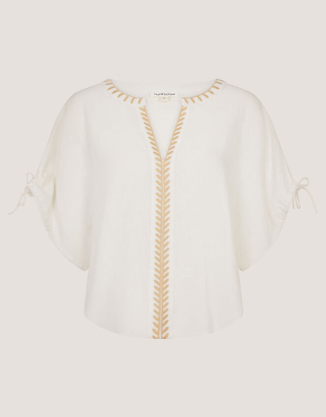 Adela Embroidered Linen Blend Top, Ivory (IVORY), large
