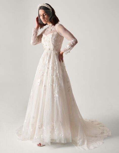 Lorelai Long Sleeve Floral Embellished Mesh Wedding Dress, Ivory (IVORY), large