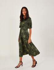 Suki Foil Tea Dress with Recycled Polyester, Green (KHAKI), large