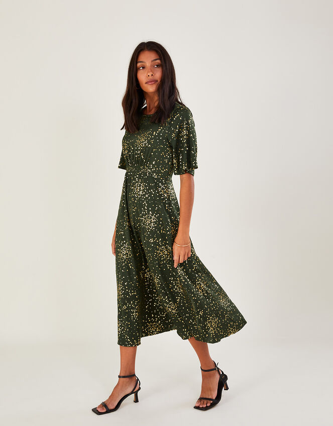 Suki Foil Tea Dress with Recycled Polyester, Green (KHAKI), large
