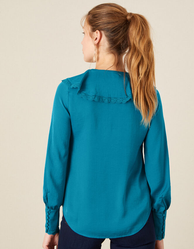 Quinn Ruffle Satin Long Sleeve Blouse, Blue (AQUA), large