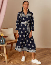 Border Print Shirt Dress , Blue (NAVY), large