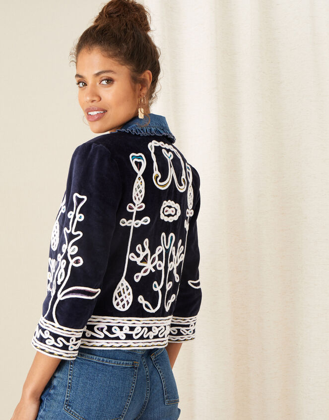 Embroidered Velvet Jacket, Blue (NAVY), large