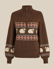 Shona Half Zip Sheep Jumper, Brown (CHOCOLATE), large