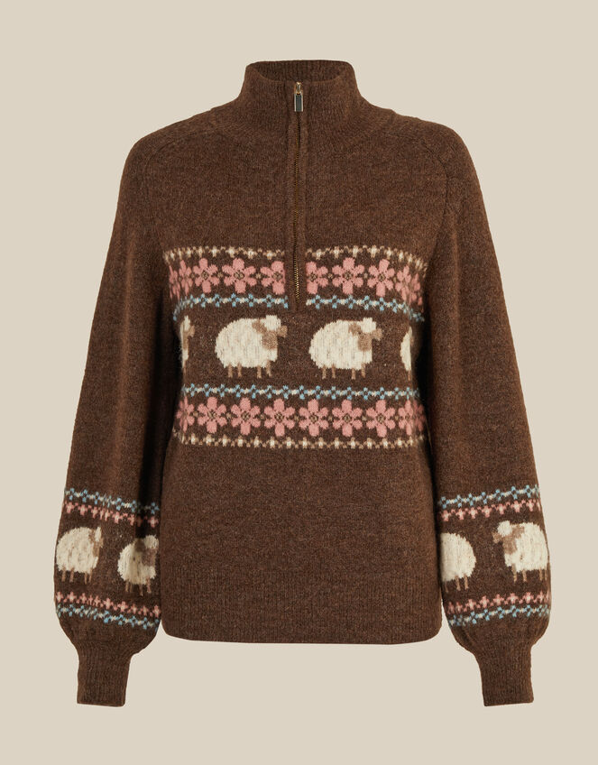 Shona Half Zip Sheep Jumper, Brown (CHOCOLATE), large