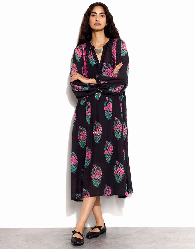 East Logan Long Sleeve Floral Midi Dress, Black (BLACK), large