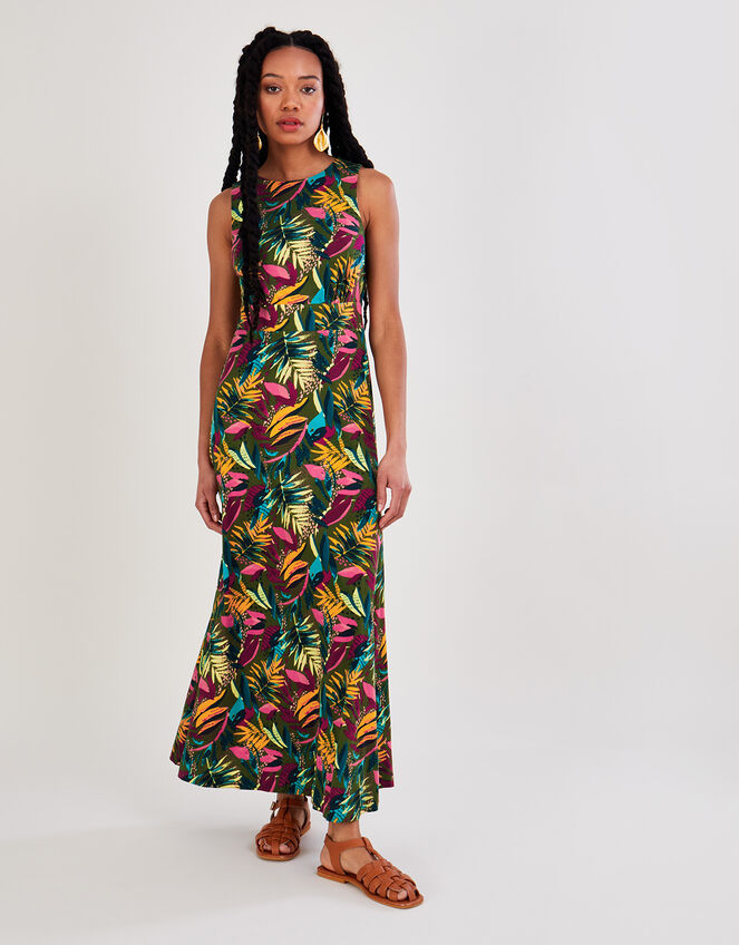 Cut-Out Back Palm Jersey Dress, Green (KHAKI), large