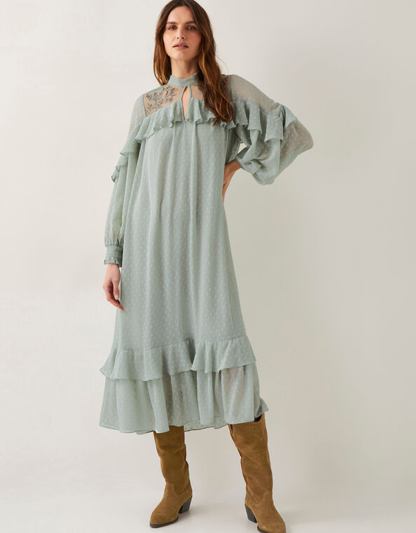 Debbie Polka Dot Ruffle Maxi Dress, Green (SAGE), large