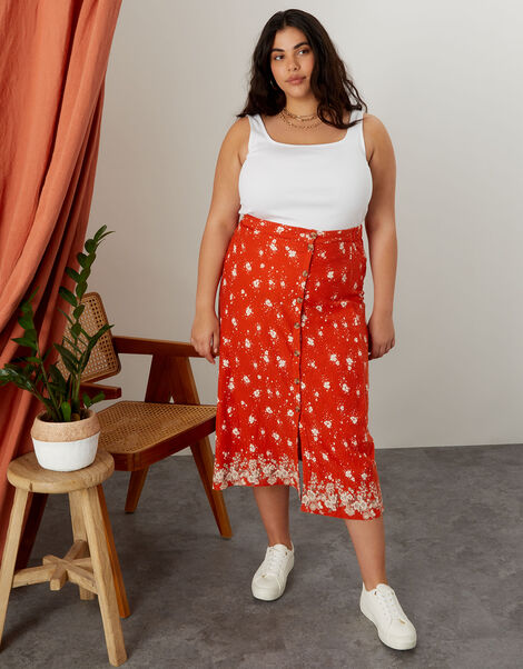 Ditsy Floral Side Button Midi Skirt Red, Red (RED), large