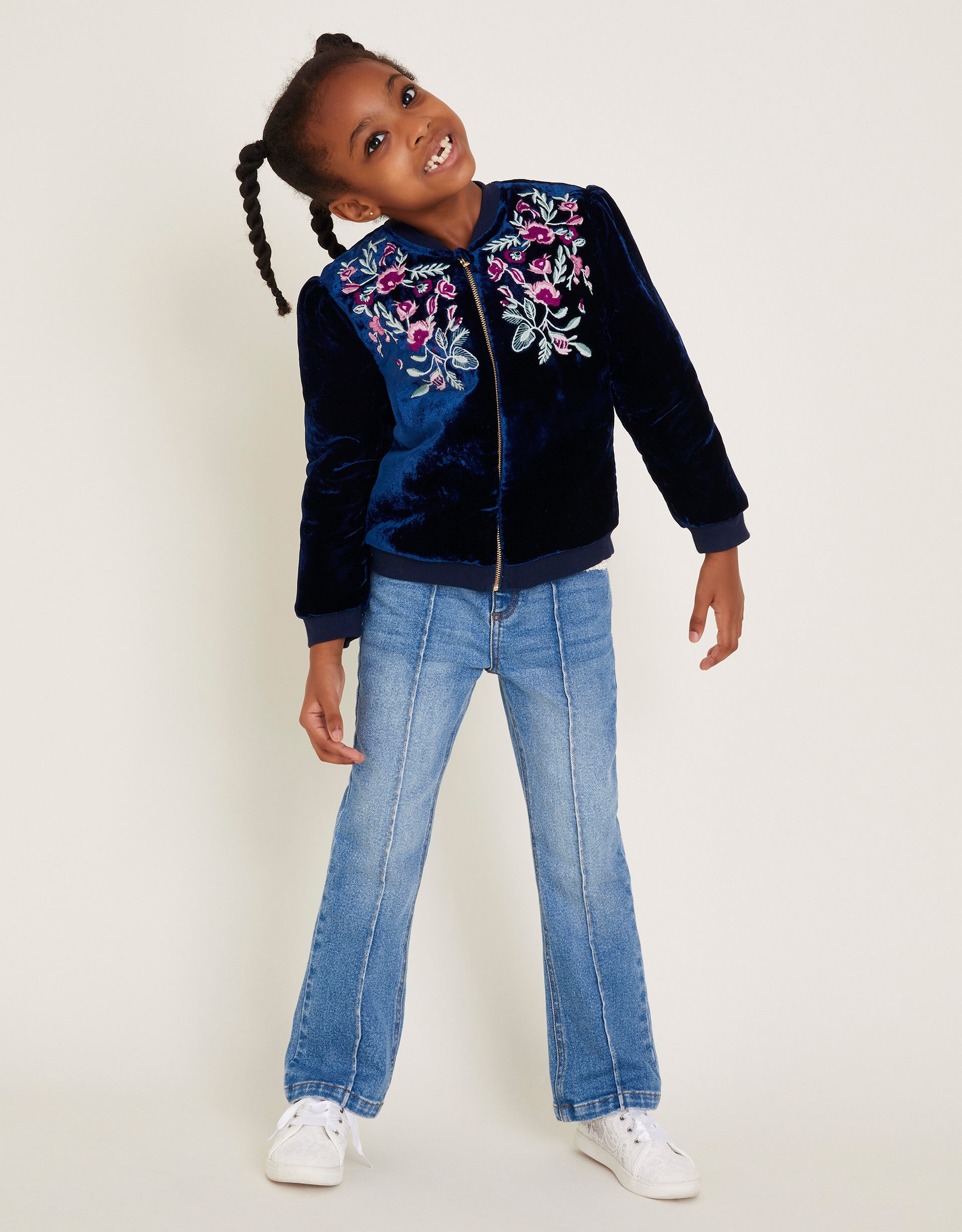 Embroidered Velvet Bomber Jacket Blue