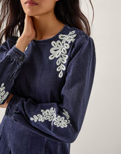 Eileen Embroidered Denim Midi Dress, Blue (INDIGO), large