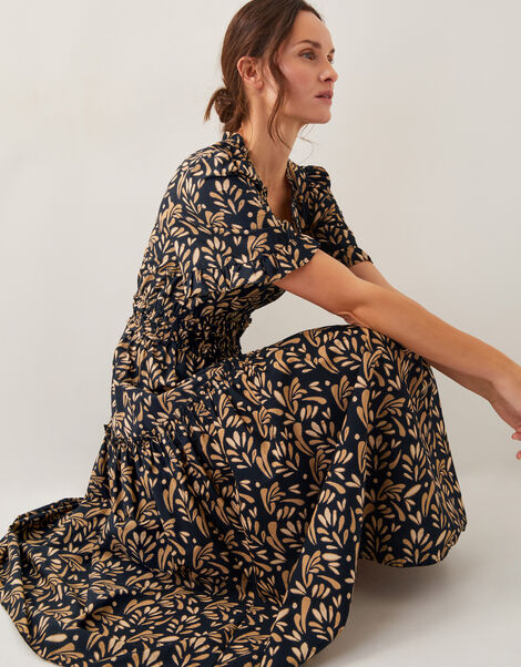 Bryony Leaf Print Midi Dress, Black (BLACK), large