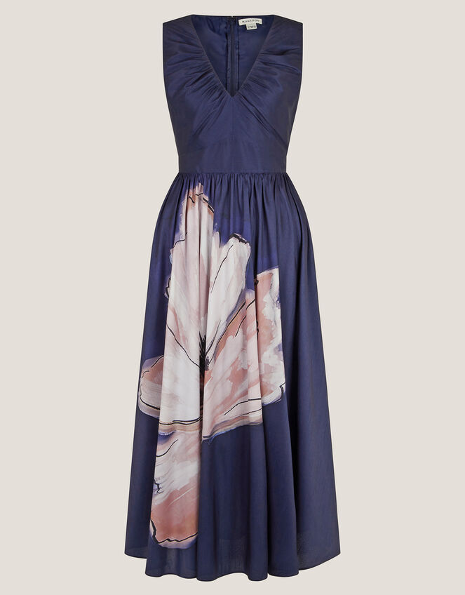 Sylvia Floral Print Satin Midi Dress, Blue (NAVY), large