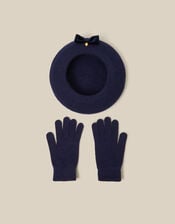 Velvet Bow Wool Beret & Gloves Set, Blue (NAVY), large