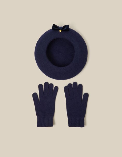 Velvet Bow Wool Beret & Gloves Set, Blue (NAVY), large