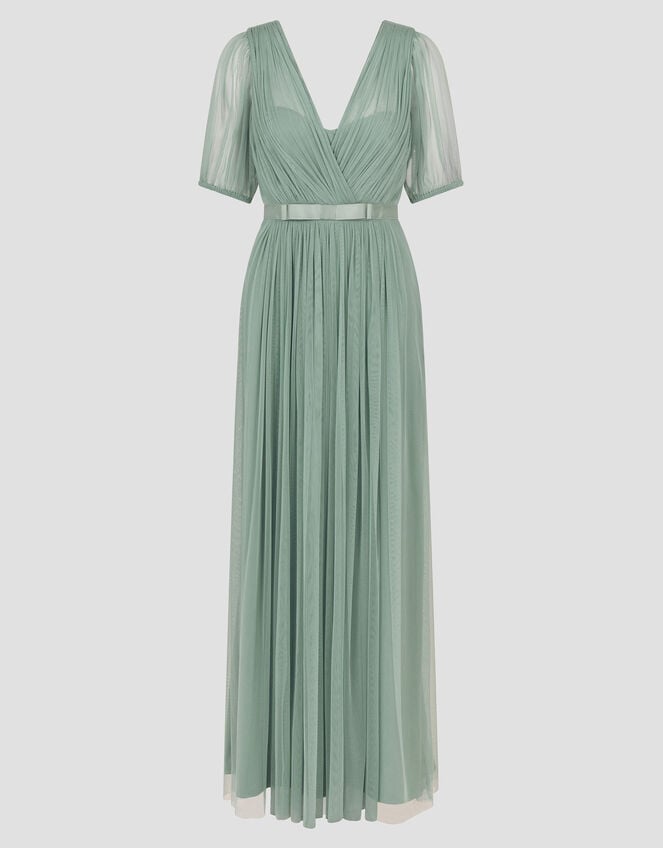 Ellie Sheer Sleeve Plunge Tulle Maxi Dress, Green (SAGE), large
