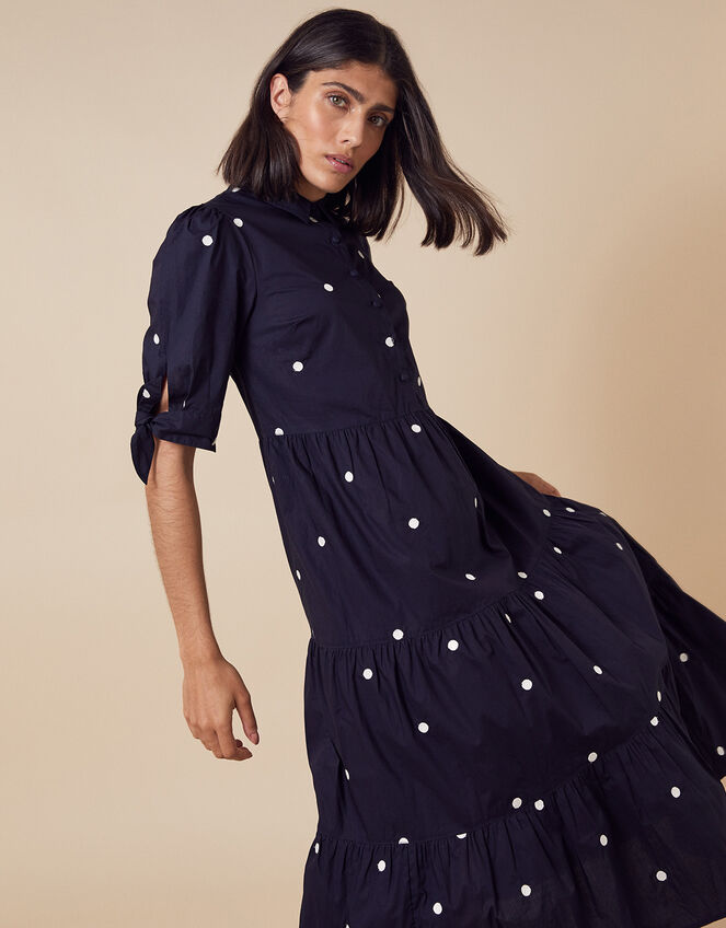 Spot Print Poplin Dress in Organic Cotton, Blue (NAVY), large