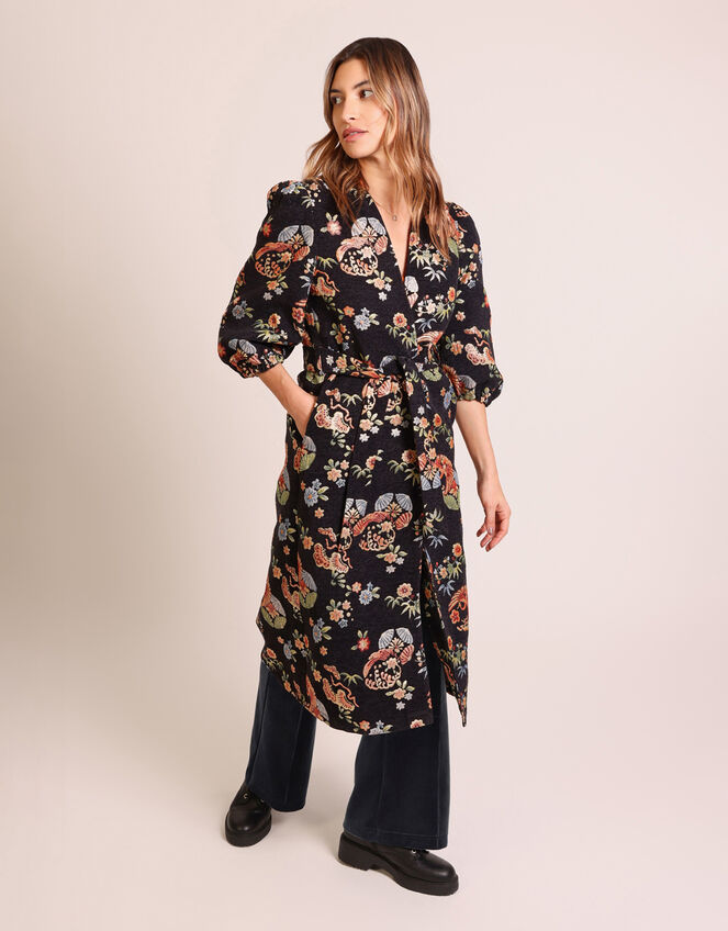 Traffic People Floral Puff Sleeve Duster Coat, Black (BLACK), large