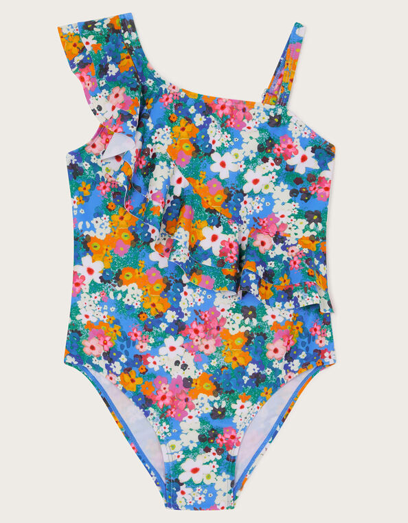 Asymmetrical Frill Floral Swimsuit, Blue (BLUE), large