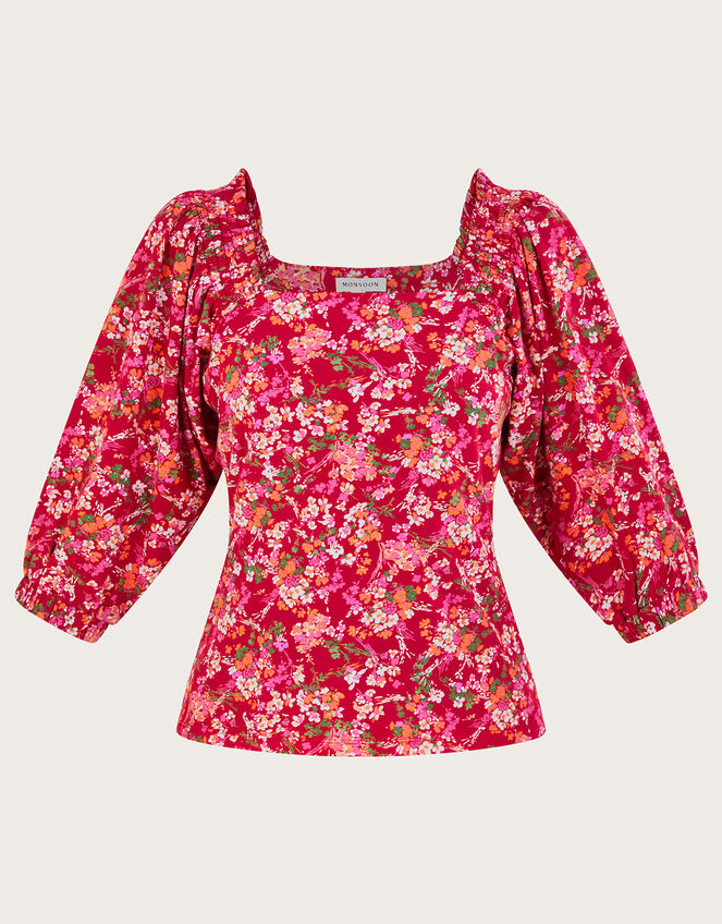 Square Neck Floral Print Top, Red (RED), large